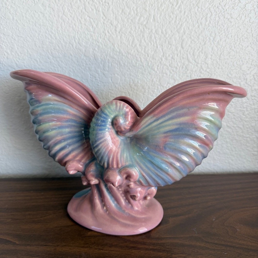 Royal Haeger Royal Hickman Pottery Pink Blue Sea Shell Wing Planter Vase USA MCM